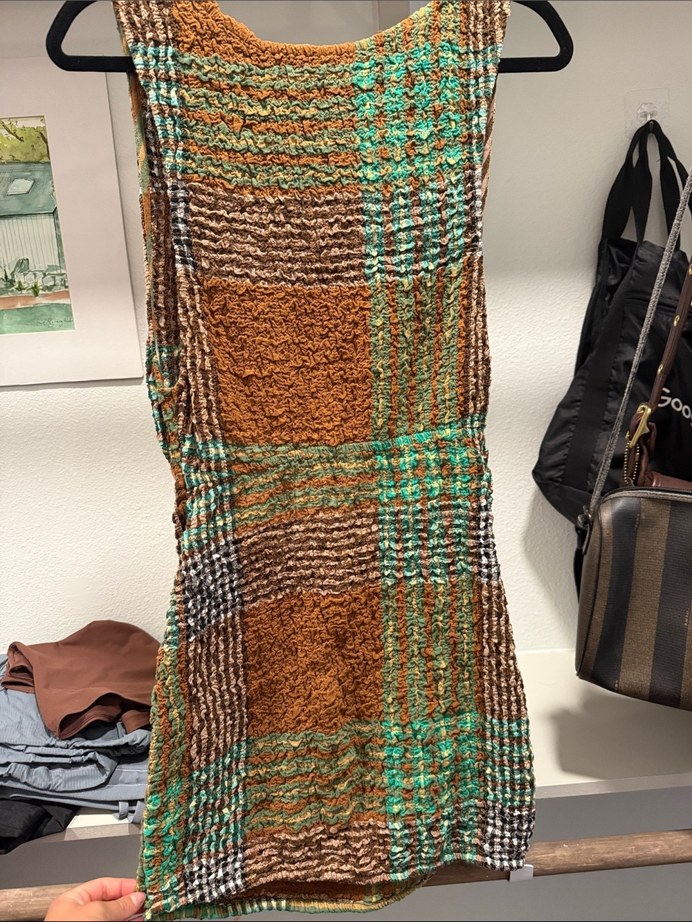 Free People Textured Plaid Midi Dress in Brown & Green - Picture 2 of 3